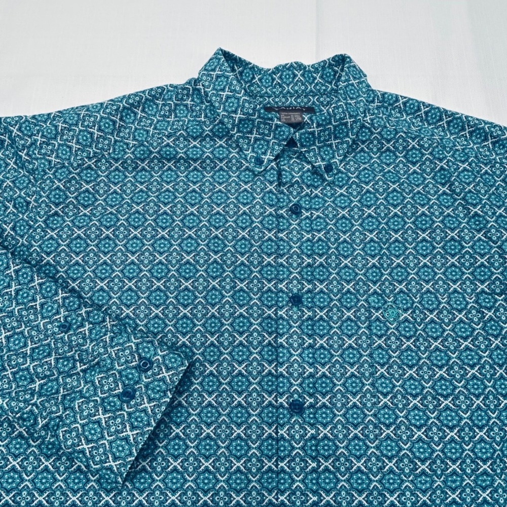 Ariat Jordy Shirt Mens XLT Tall Teal Geometric Medallion Rodeo Cowboy Western